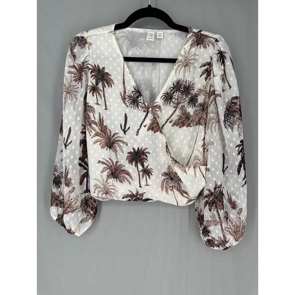 Joie Top Womens Medium Beige Brown Floral Palm Tree V Neck Beachy Boho Bohemian - Picture 5 of 8